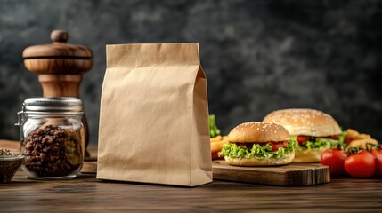 Brown paper bag mockup, burgers, fries, rustic kitchen