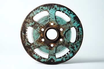 Fototapeta premium Rustic teal-colored metal reel with aged patina, showcasing a vintage film or wire spool.