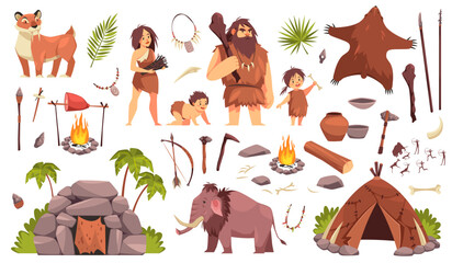 Stone age characters. Primitive culture elements, people dressed in animal skins, pottery and stone utensils and weapons, prehistoric family cartoon flat style isolated tidy vector set