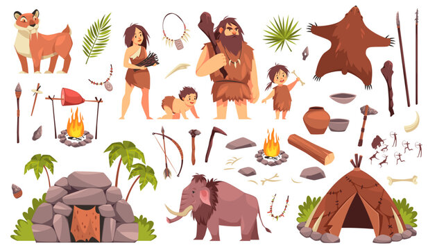 Stone age characters. Primitive culture elements, people dressed in animal skins, pottery and stone utensils and weapons, prehistoric family cartoon flat style isolated tidy vector set
