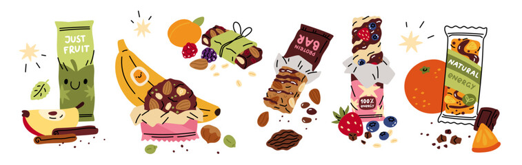 Protein bar packaging. Sweet cereal snack with dried fruits, seeds, nuts, protein sport nutrition, muesli granola dessert, vegan product, cartoon flat style isolated garish vector set