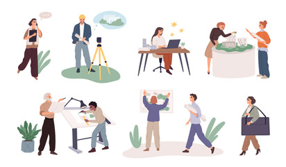Professional architects people. Construction and buildings design process, engineers work, houses projects and models, drawings and layouts, cartoon flat style isolated garish vector set