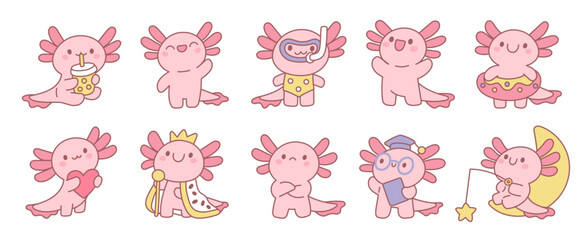 Pink funny axolotls. Kawaii animal mascot, amphibia character, different poses, emotions and creative actions, newt, salamander, tropical pet cartoon flat style isolated garish vector set