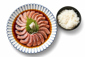 A photo of a plate with raw fish sashimi in teriyaki sauce