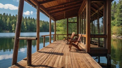 Fototapeta premium Cozy 1980s lake house with a wooden dock, A-frame structure, and large panoramic windows