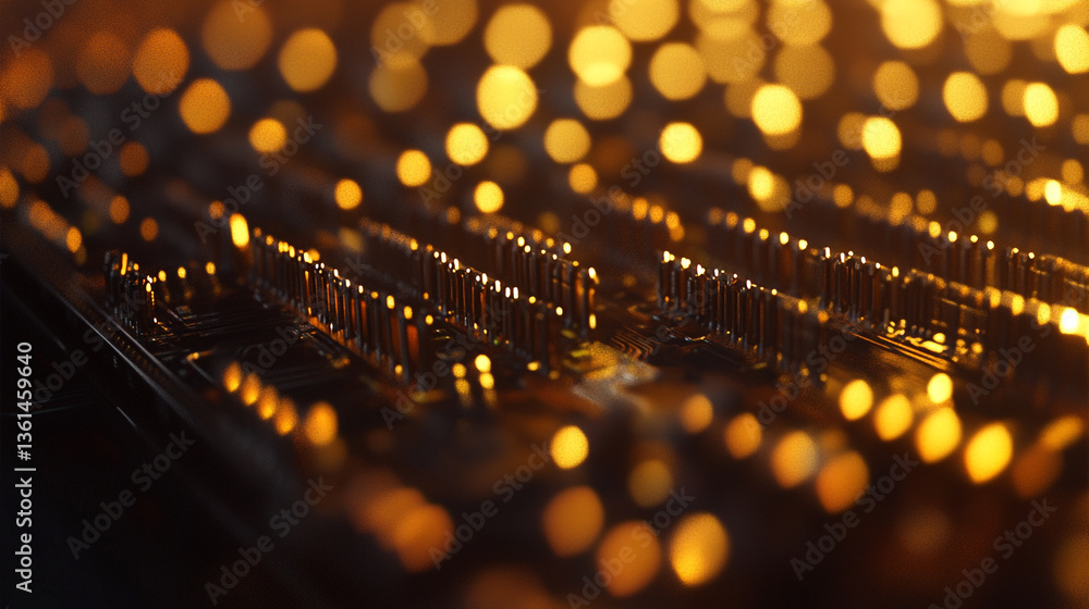 Poster a close up view of a computer motherboard with golden pins and bokeh lights in the background