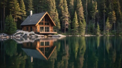 Cozy A-frame cabin by a serene lake, surrounded by tall pine trees, reflecting in the water