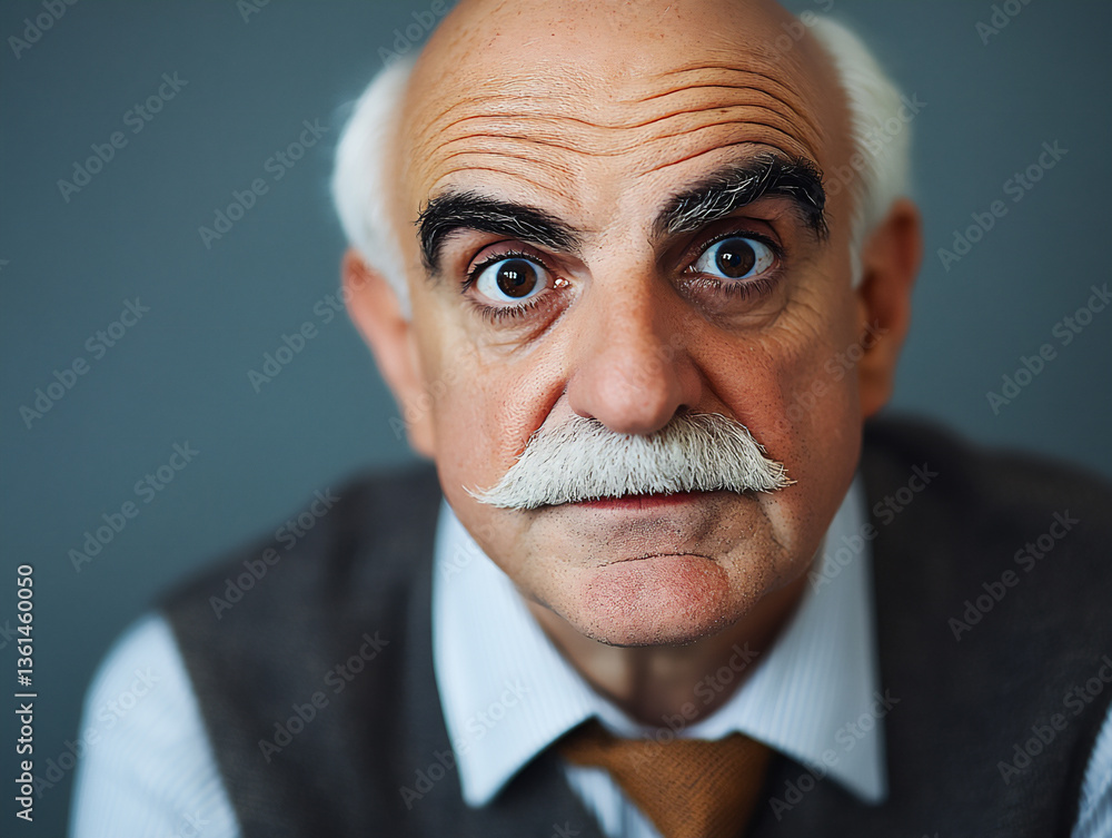 Poster a close-up portrait of a man with a slightly skeptical expression, against a textured gray backgroun