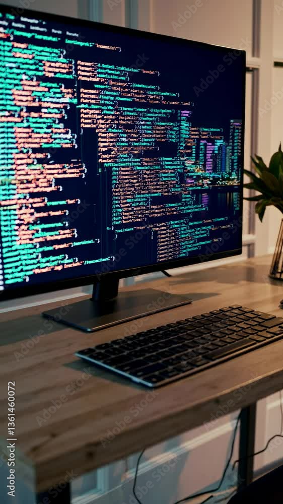 Poster a side-angle shot of a modern desk setup with a monitor displaying code, keyboard, and plant, evokin