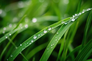 Naklejka premium Emerald Dewdrops: Delicate water droplets clinging to vibrant blades of grass, presenting a mesmerizing macro view of nature's intricate details and refreshing purity.