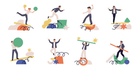 Instability concept scenes. People keep balance, abstract shapes, unreliable supports, falling risk, stability search, creativity process cartoon flat style isolated garish vector set