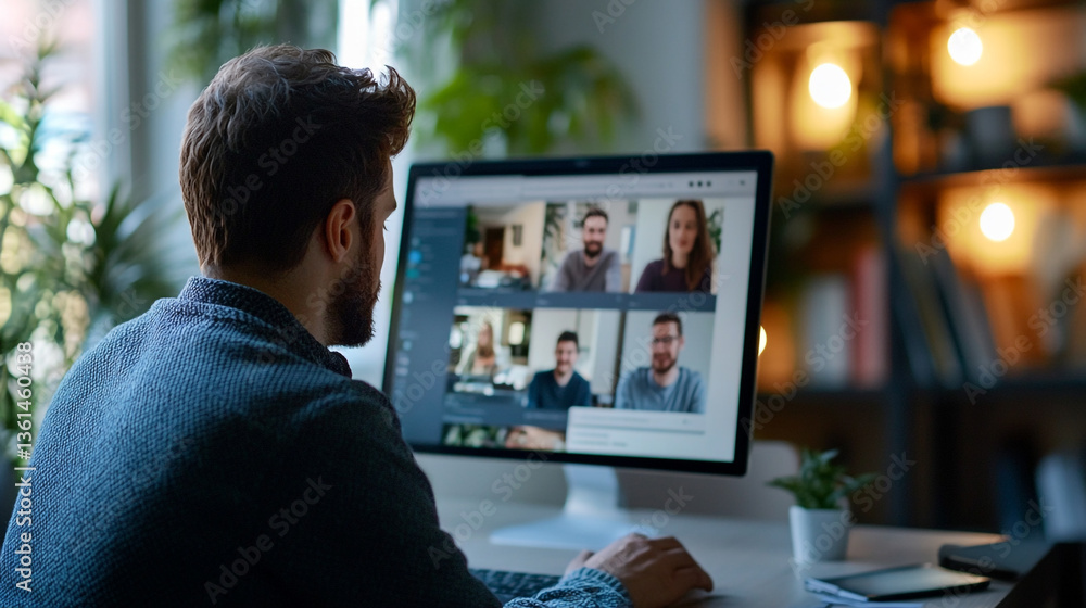 Poster man attending a video conference call on his computer with multiple participants at a bright desk sp