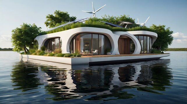 Eco-friendly floating island home with sustainable technology, hydroponic gardens, and wind turbines