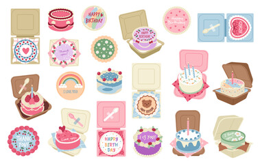Bento cakes. Asian desserts, tea party, small sweets in boxes, sugar confectionery, fruits mini pastry, birthday treat, love declaration, cartoon flat style isolated tidy vector set
