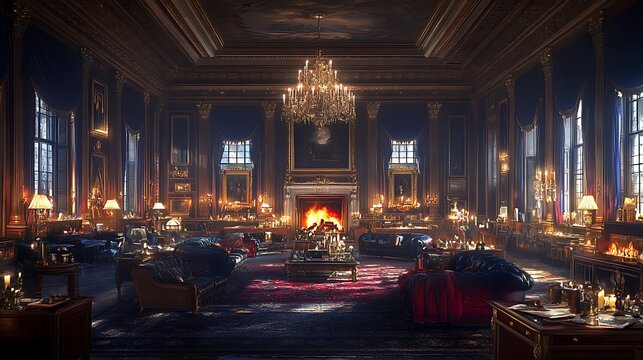 Luxurious grand hall with fireplace, chandelier, and ornate furniture.