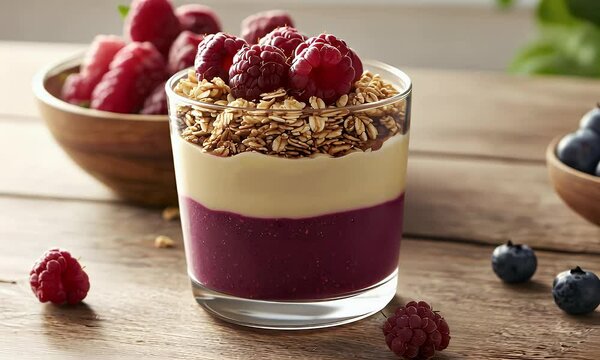 A layered parfait in a glass, granola, creamy layer, berry mix, and raspberries on top. Set on a rustic wooden background
