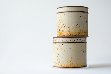 Two vintage, off-white cylindrical containers with brown speckled rust-like markings, stacked.