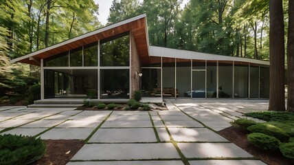 Naklejka premium Ferris Bueller’s Day Off-inspired 80s house with a mid-century modern aesthetic and a sleek glass garage