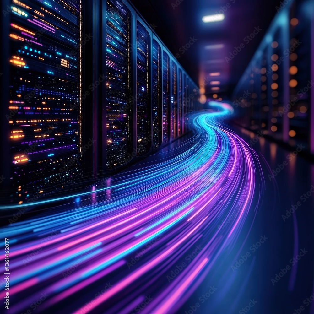 Aufkleber neon lights illuminating a modern server room filled with high-tech servers and colorful data lines