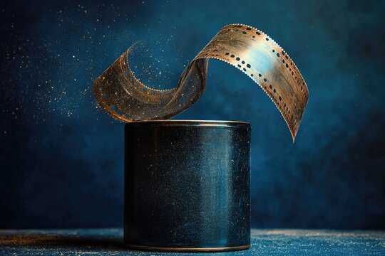 Dusty film reel gracefully floats above a dark container, evoking nostalgia and cinematic memories.