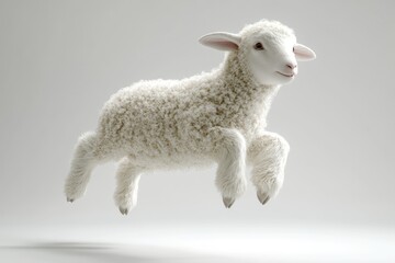 A fluffy white lamb leaps gracefully in mid-air against a neutral backdrop.