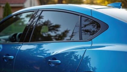 Close-up view of blue modern car with tinted windows reflecting trees. Automobile with ceramic film, provides heat, UV protection, stable color. Automotive car care service. Car detailing,