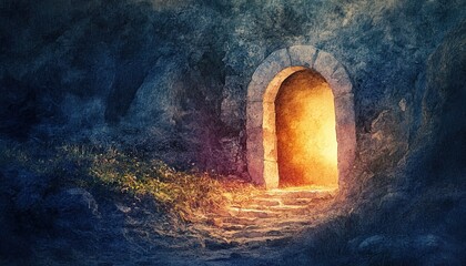 Fototapeta premium Easter Morning: The sealed tomb at dawn, light softly breaking through darkness. Digital watercolor painting.