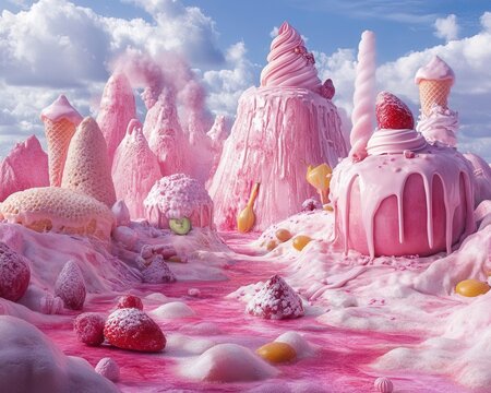 A whimsical landscape made entirely of pink sweets, featuring giant ice creams, strawberries, and flowing pink rivers of syrup.