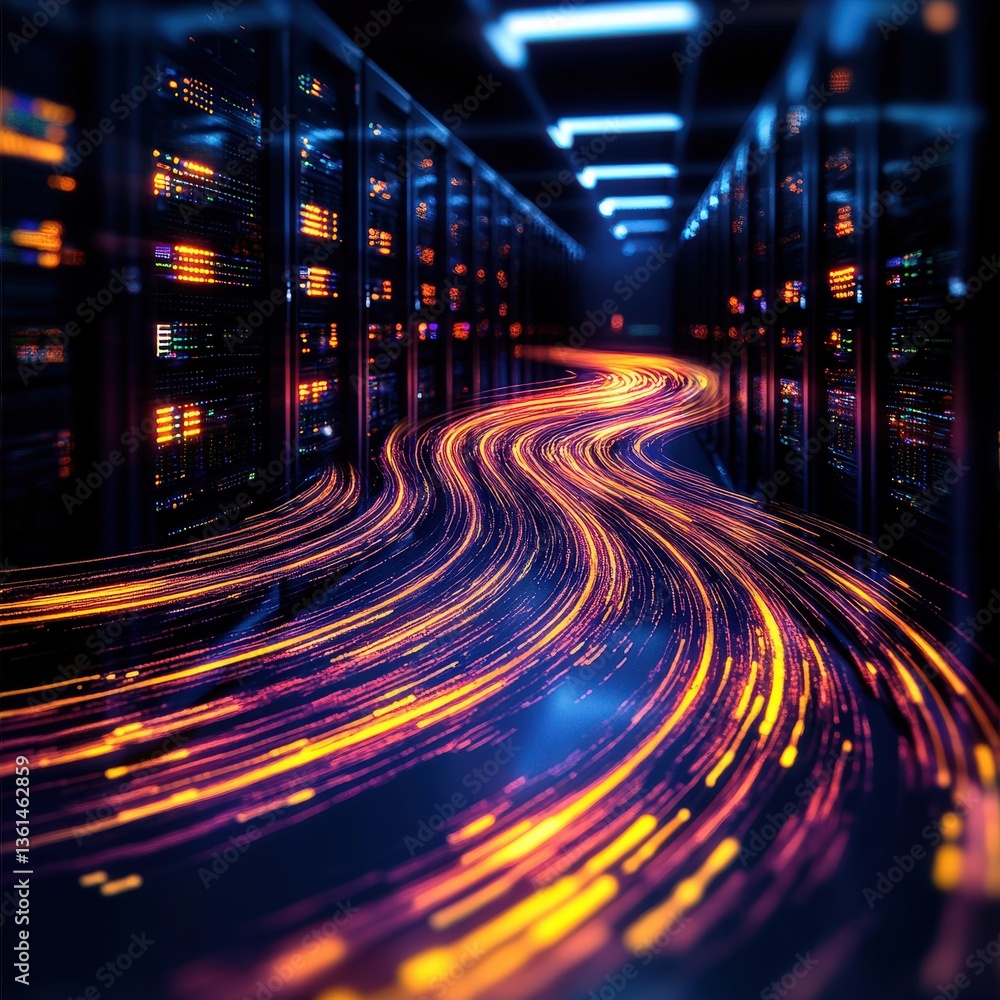 Poster server room featuring a long line of servers and modern technology for high-efficiency data manageme