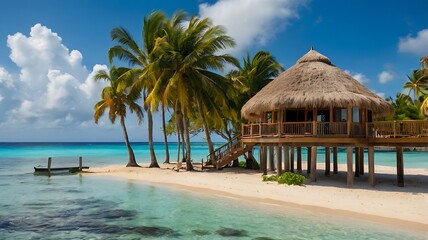 Caribbean beachfront villa with thatched-roof gazebos, hammocks, and crystal-clear ocean waves
