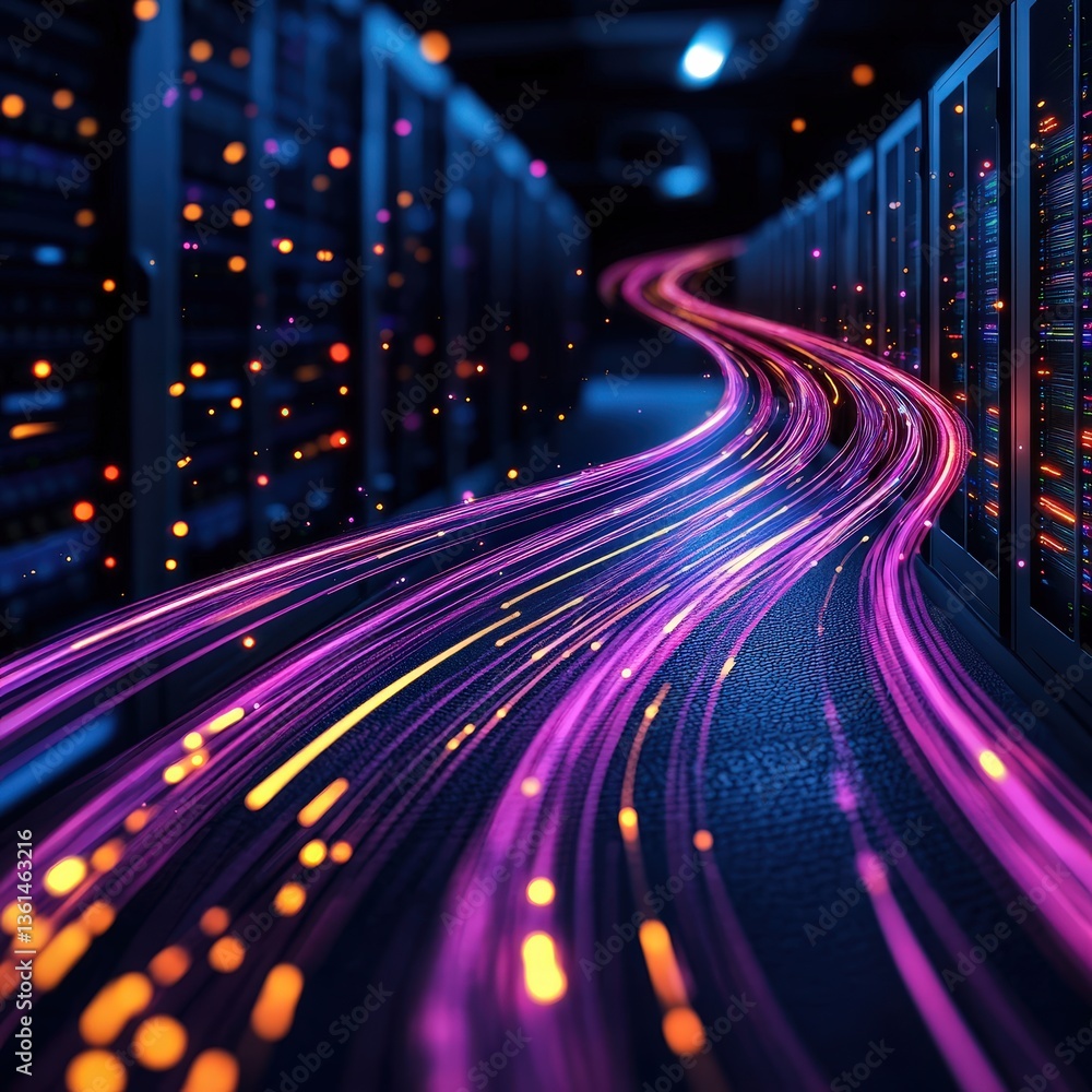Poster high-tech server room featuring an extensive array of servers organized in a long row for efficiency