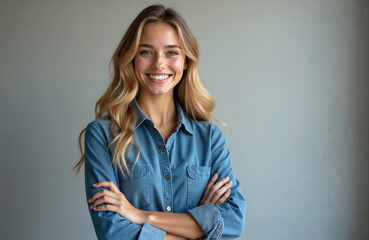 Portrait of smiling young woman with long blonde hair in blue shirt. Confident female crossed arms, looking at camera. Studio shot, natural light. Happy model in casual attire shows positivity.