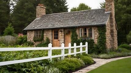 Fototapeta premium Charming stone cottage with flower beds, a wooden picket fence, and ivy climbing the walls