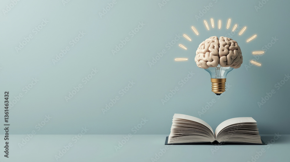Poster open book lies on surface with glowing brain shaped light bulb hovering above, symbolizing knowledge and creativity. background is soft blue, creating calm atmosphere