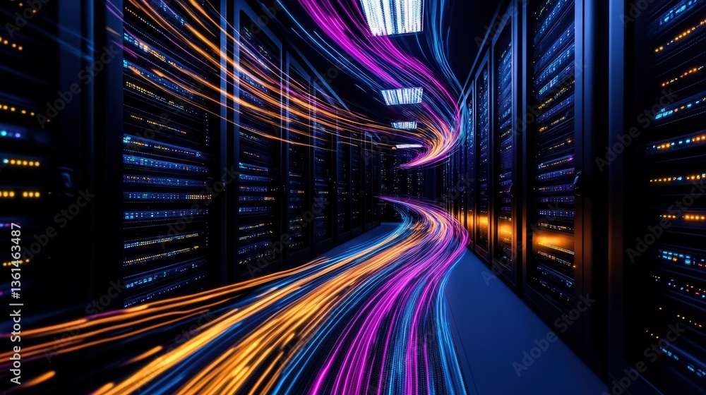Poster server featuring colorful lines of light creating an engaging visual experience in a tech environmen