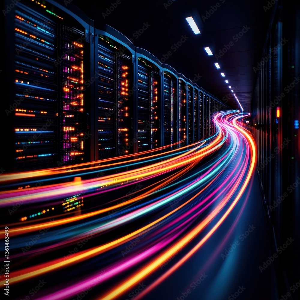 Poster high-tech server room bathed in colorful lights creating a dynamic and engaging workspace atmosphere