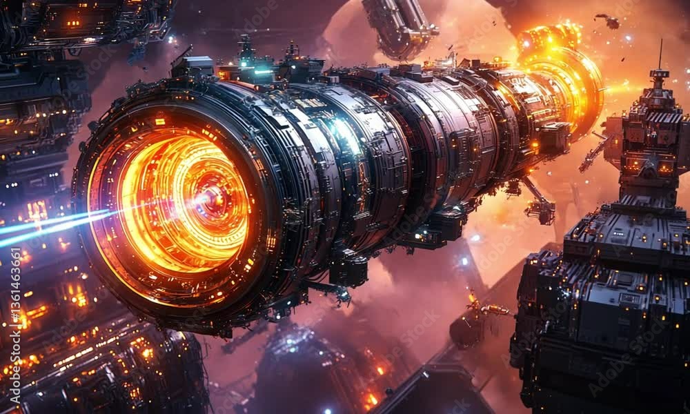 Wall mural massive futuristic space station orbiting a distant planet, featuring intricate metallic details and