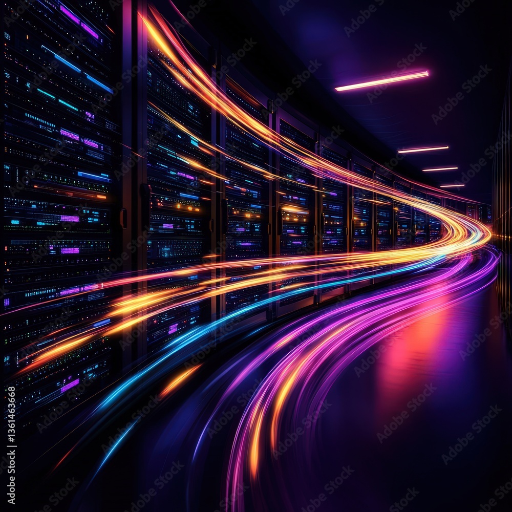 Poster dynamic server room filled with colorful lights creating an engaging and productive technological sp