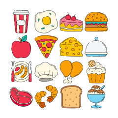 This food and drinks illustration asset features iconic food and beverages in doodle style. It is perfect for culinary designs, menus, posters, and other creative projects.