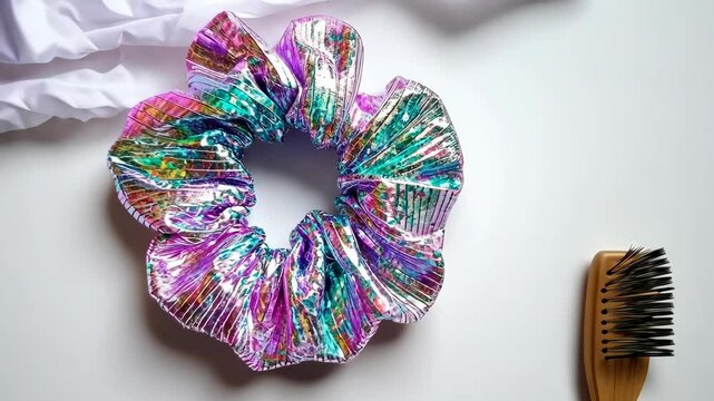 Colorful metallic hair scrunchie placed on a white surface alongside a wooden hair comb