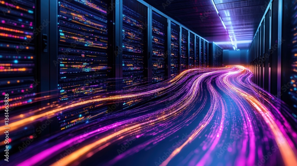 Poster expansive server room filled with numerous servers showcasing a high-tech data processing environmen