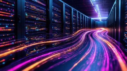 Expansive server room filled with numerous servers showcasing a high-tech data processing environment