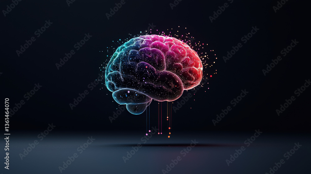 Poster glowing digital brain floats against dark background, illuminated with vibrant colors and intricate patterns, symbolizing technology and innovation