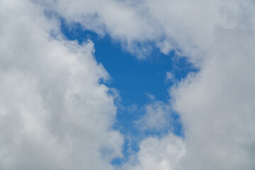 A blue sky with white clouds forming a unique gap.
