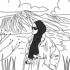 Stylized Line Art Woman in Hijab Vector - Travel & Adventure Theme, Customizable for Modern Lifestyle & Empowerment Designs