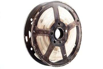 Fototapeta premium Old, worn reel of magnetic tape, showing signs of age and use. A relic of analog recording.