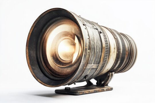 A weathered, vintage camera lens with a warm, glowing aperture, showcasing its age and history.