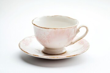 Fototapeta premium A delicate pink teacup and saucer with distressed vintage design, perfect for afternoon tea.