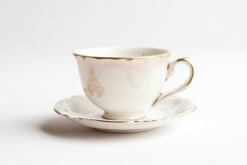 Obraz premium Elegant vintage teacup and saucer set with gold detailing, delicate pastel hues.