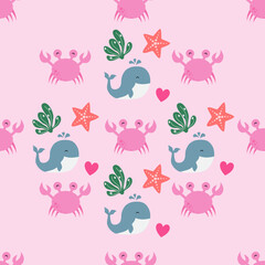  Sea animals seamless pattern background. Marine animals illustration pattern. Sea life background. Perfect for fashion clothes, shirt, fabrics, textiles, wallpaper, decor, print, packaging
